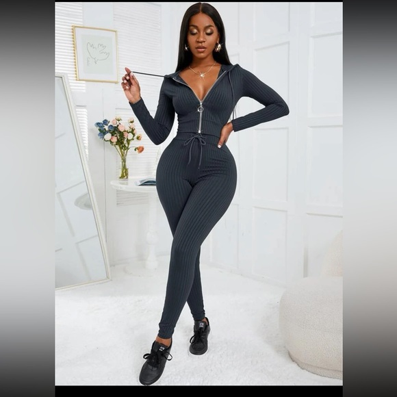 SHEIN SXY Rib-knit O-ring Zipper Drawstring Hoodie & Leggings - Picture 3 of 11